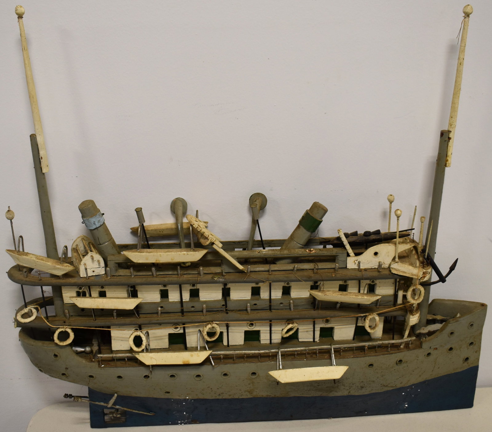 FOLKY WOODEN SHIP MODEL: EARLY 20TH CENT FOLKY PAINTED WOODEN SHIP MODEL - 26" L X 24 1/2" T - LOSSES, BREAKS, WEAR & IMPERFECTIONS