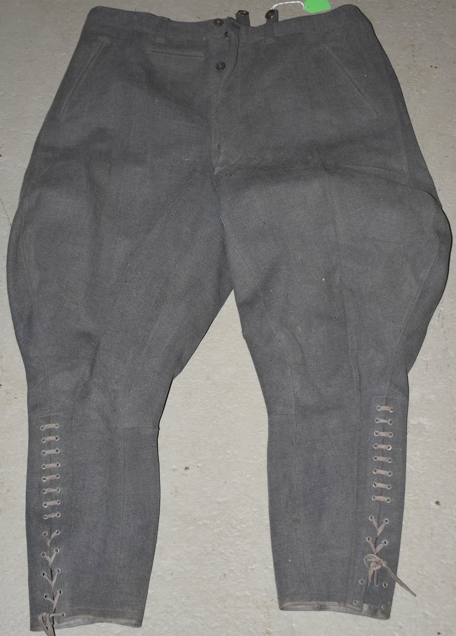 WWII STYLE GREY GERMAN MILITARY PANTS: GREY WOOL PANTS W/ LACED UP PANT CUFFS - IMPERFECTIONS