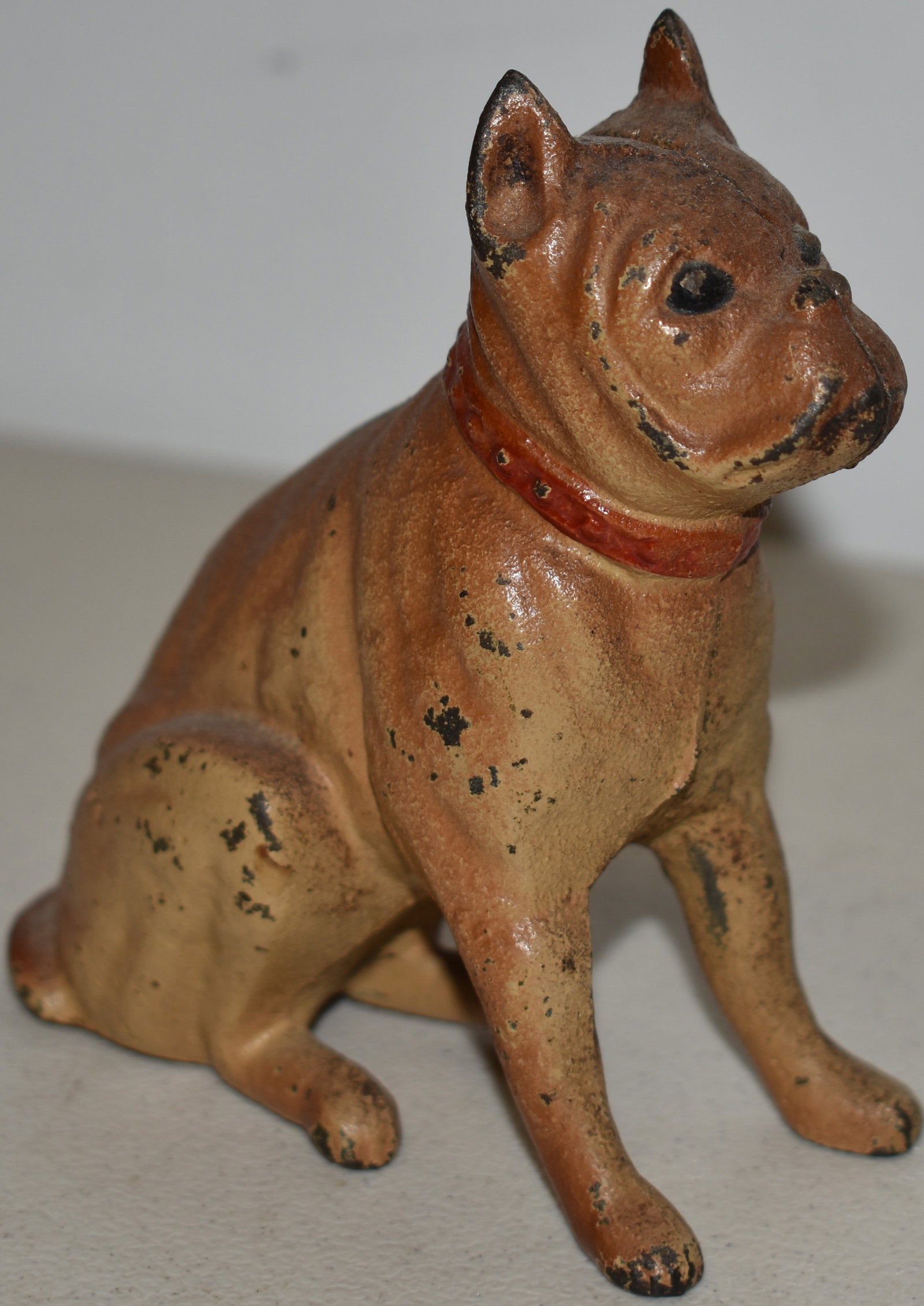 CAST IRON SITTING BOSTON BULL STILL BANK: VINTAGE PAINTED CAST IRON FIGURAL SITTING BOSTON BULL W/ RED COLLAR STILL BANK - 4" L X 4 1/2" T - WEAR