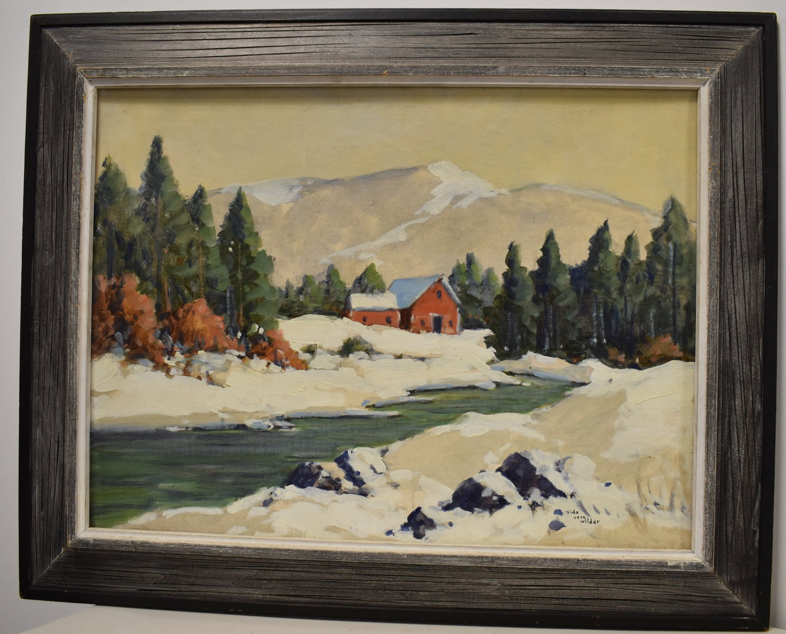 N.E. WINTER LANDSCAPE OIL PAINTING: 20TH CENT N.E. OIL PAINTING OF A WINTER LANDSCAPE - SIGNED VIDA VEAR WILDER LOWER RIGHT - 17 1/2" X 23 1/2" SIGHT - OIL ON CANVAS BAORD - IN A MOLDED WOODEN FRAMED - IMPERFECTIONS