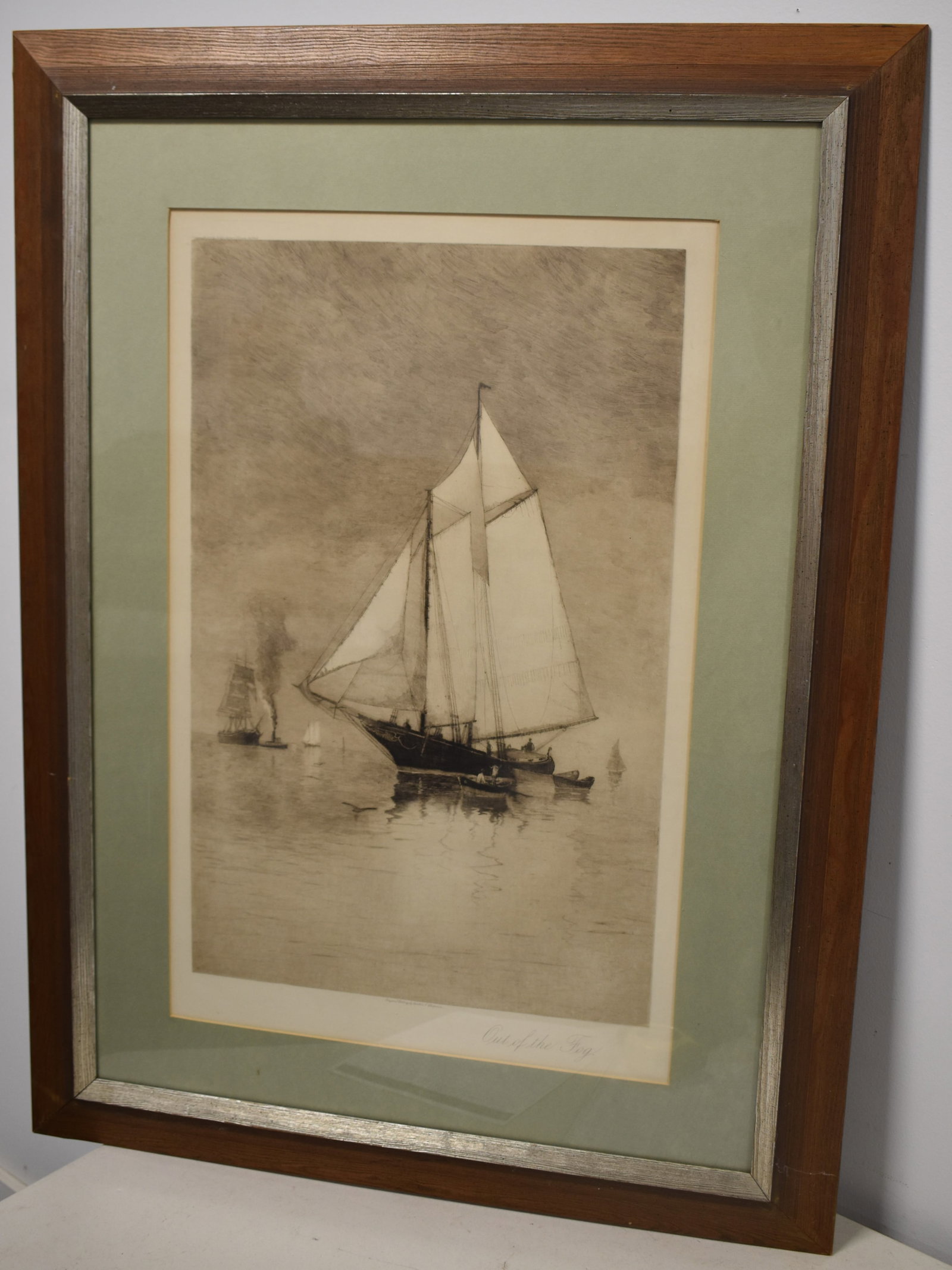 CARLTON CHAPMAN OUT OF THE FOG ETCHING: 19TH CENT FRAMED ETCHING TITLED " OUT OF THE FOG" BY CARLTON J. CHAPMAN - 27 1/2" X 17 1/2" SIGHT - MATTED & FRAMED - TONING & IMPERFECTIONS