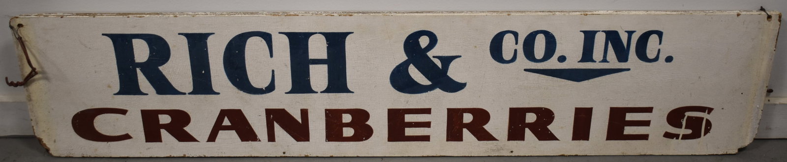 VINTAGE PAINTED CRANBERRY TRADE SIGN: MID 20TH CENT PAINTED WOODEN TRADE SIGN - RICH & CO INC CRANBERRIES - DOUBLE SIDED - 55 3/4" X 12" - WEAR, LOSSES ON EDGES & IMPERFECTIONS
