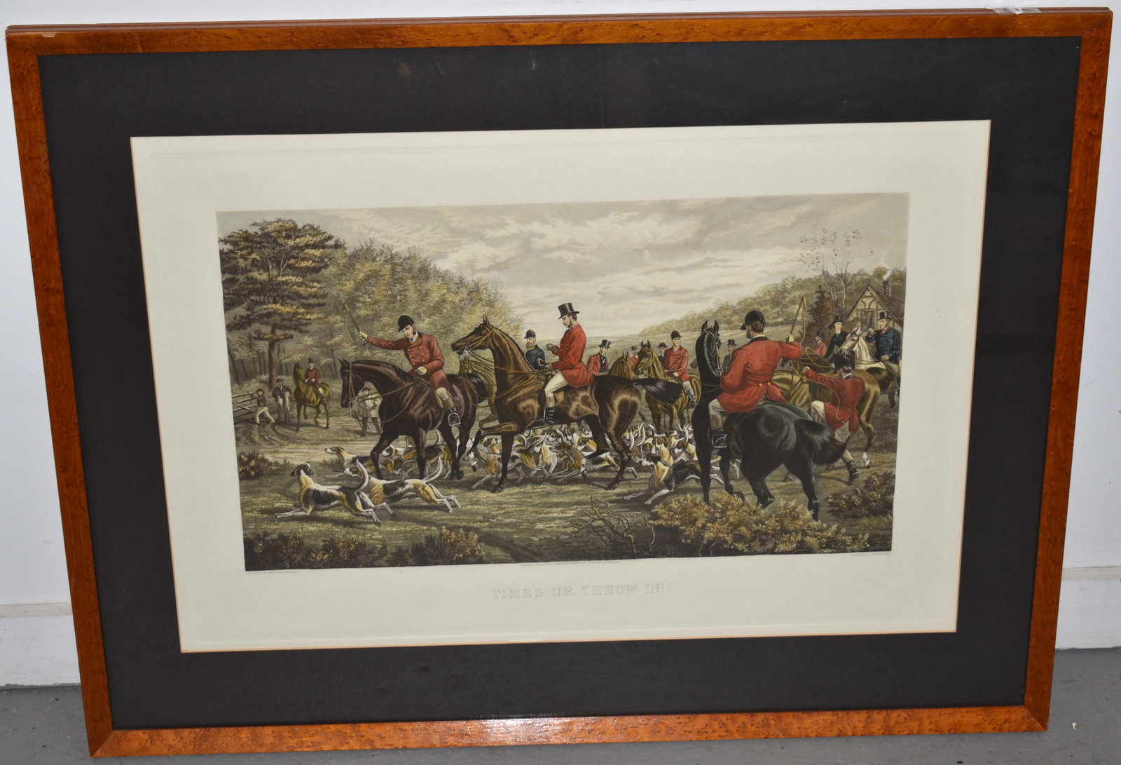 ENGLISH HUNTING PRINT TIMES UP THROW IN: FRAMED ENGLISH HUNTING PRINT TITLED " TIMES UP, THROW IN" PAINTED BY SHELDON WILLIAMS - ENGRAVED BY E.G. HESTER - PUBLISHED BY R. POWELL - 19 3/4" X 28 1/4" SIGHT - MATTED IN A BIRDSEYE MAPLE FRAME - 