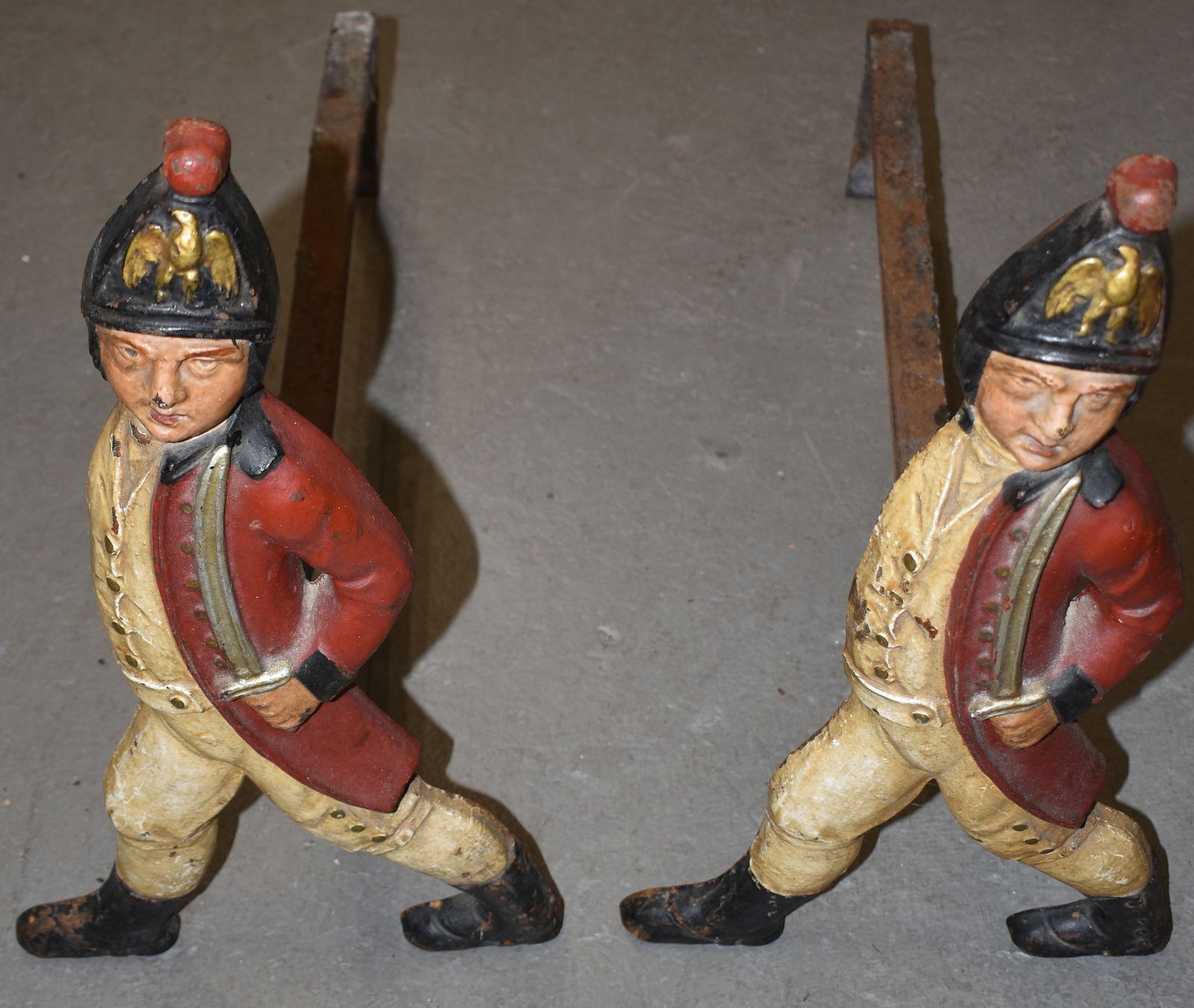 PR. PAINTED CAST IRON HESSIAN ANDIRONS: PR. VINTAGE LATE 19TH EARLY 20TH CENT CAST IRON HESSIAN ANDIRONS - 19 3/4" T X 24 1/2" D - #3004 ON BACKS - WEAR & IMPERFECTIONS