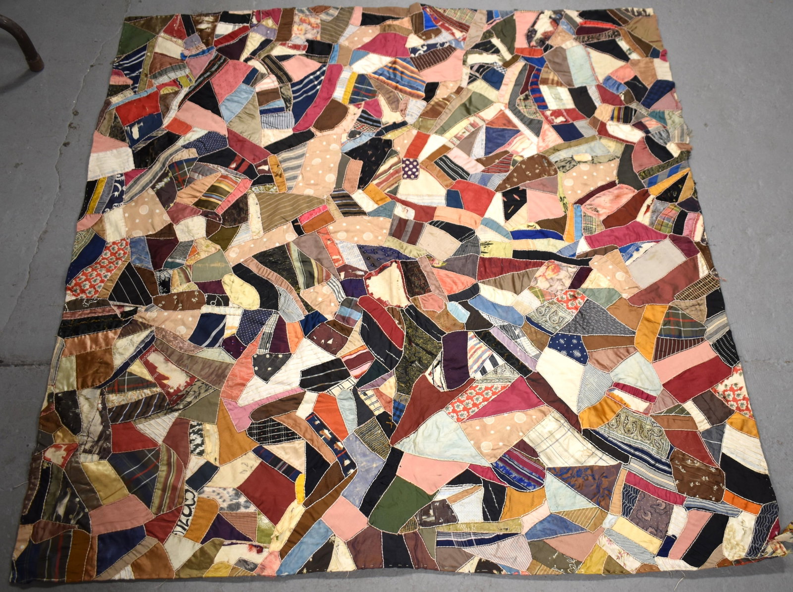2 VICTORIAN YOUTH CRAZY QUILTS: (2) VICTORIAN CRAZY QUILT COVER/ COUNTERPANES - YOUTH SIZED - 48" X 46" - OTHER 37 1/2" X 54" - WEAR, LOSSES TO SILK, SPLITS & IMPERFECTIONS