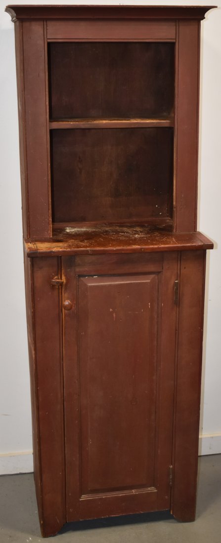 PRIMITIVE PINE STEPBACK CUPBOARD: 1 PC NARROW PINE STEPBACK CUPBOARD W/ 2 TIER OPEN TOP IN ODLER RED PAINT - 71 1/2" T X 23 1/2" W X 17" D - WEAR, REPAIRS & REPLACEMENTS & IMPERFECTIONS