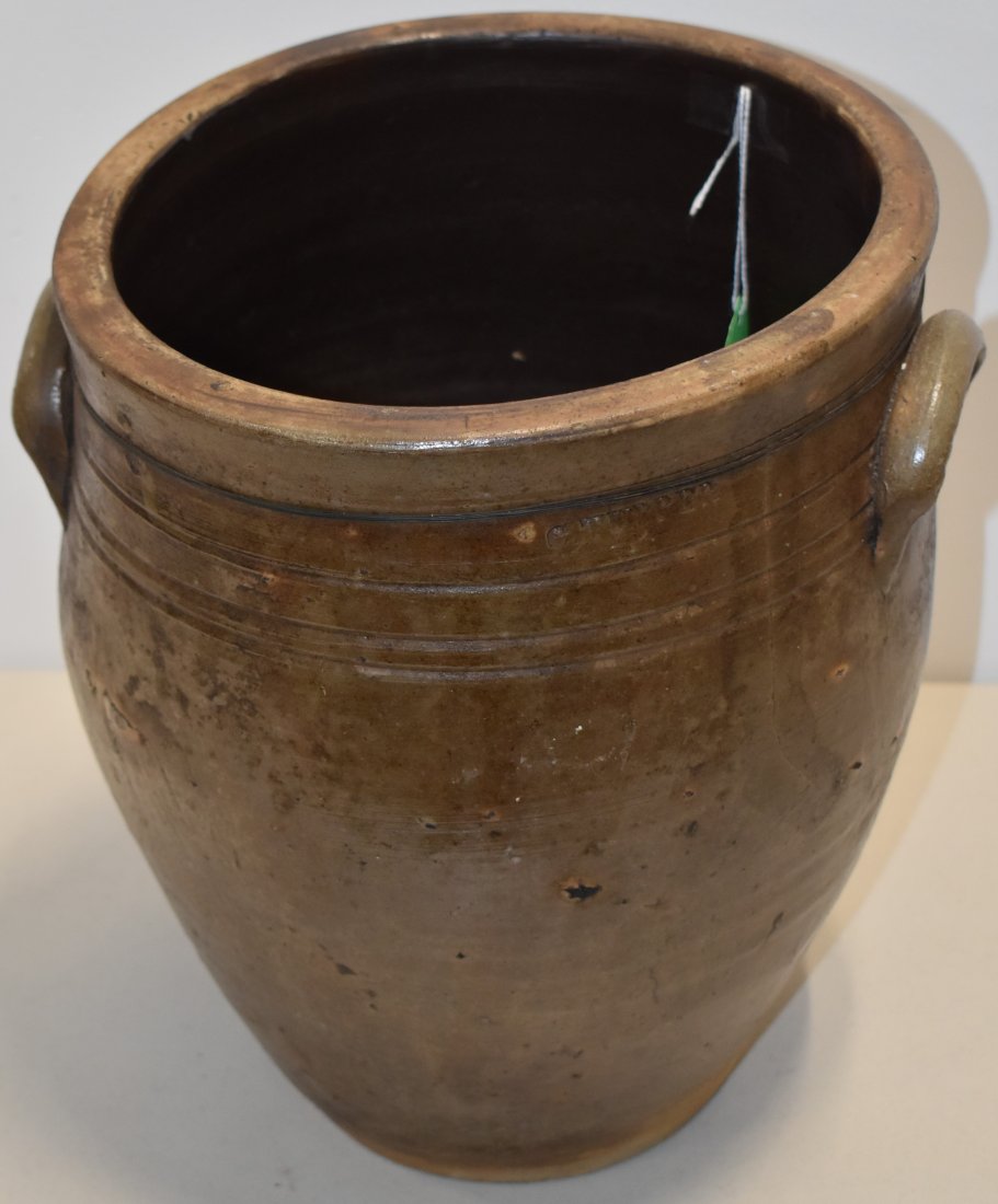 12 1/2" OVOID STONEWARE STORAGE JAR: EARLY OVOID STORAGE CROCK STAMPED C. TOPPER W/ TOOLED LINES - REPAIR TO HAIRLINE CRACK, POTSTONES, WEAR & IMPERFECTIONS
