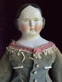 Large Antique German 25" Covered Wagon China Shoulder Doll