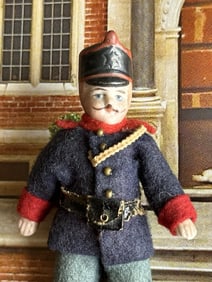 Antique German Kestner Bisque 2.875” Soldier Molded Hat Miniature Dollhouse Soldier Doll
