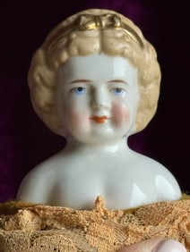 Rare Antique German 6.75" Frozen Charlotte Painted Gold Molded Bow Doll
