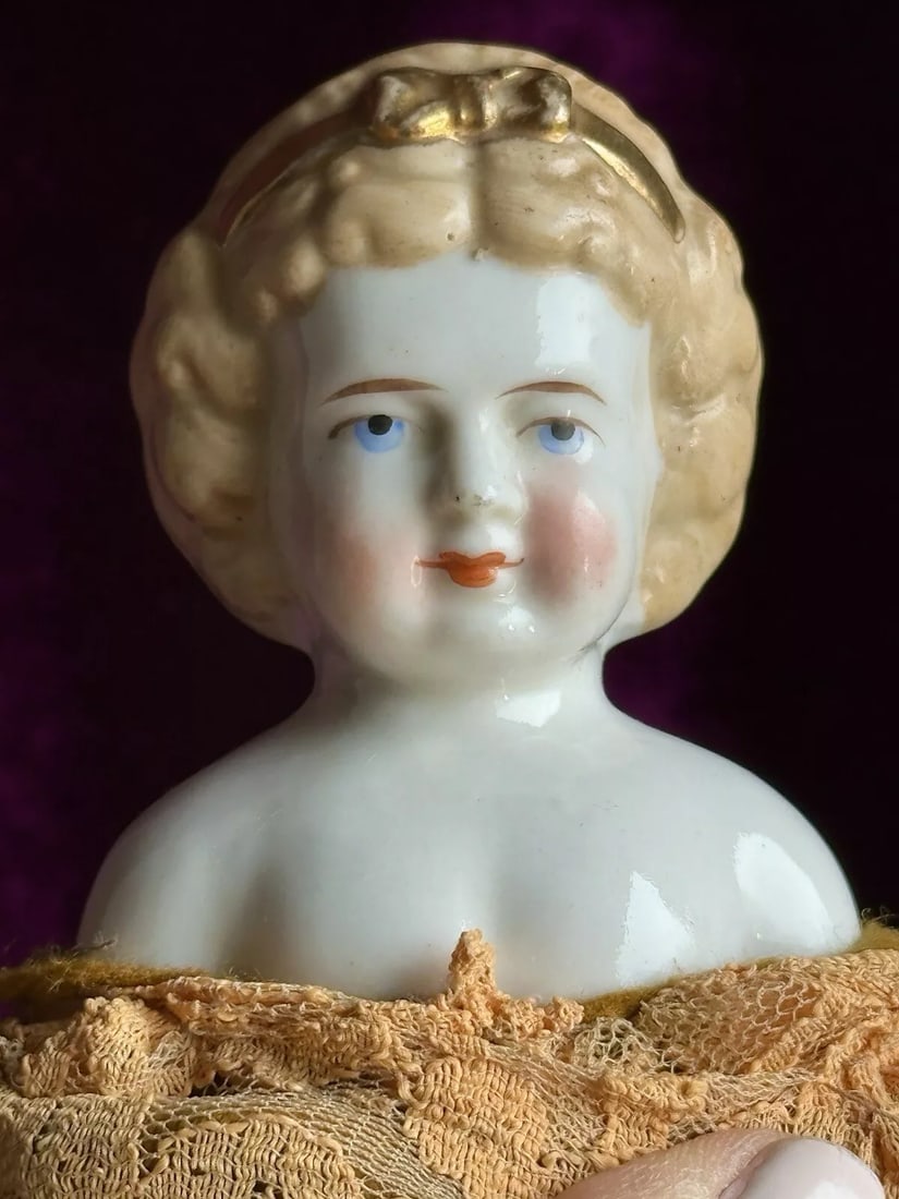 Rare Antique German 6.75" Frozen Charlotte Painted Gold Molded Bow Doll (1 of 3)