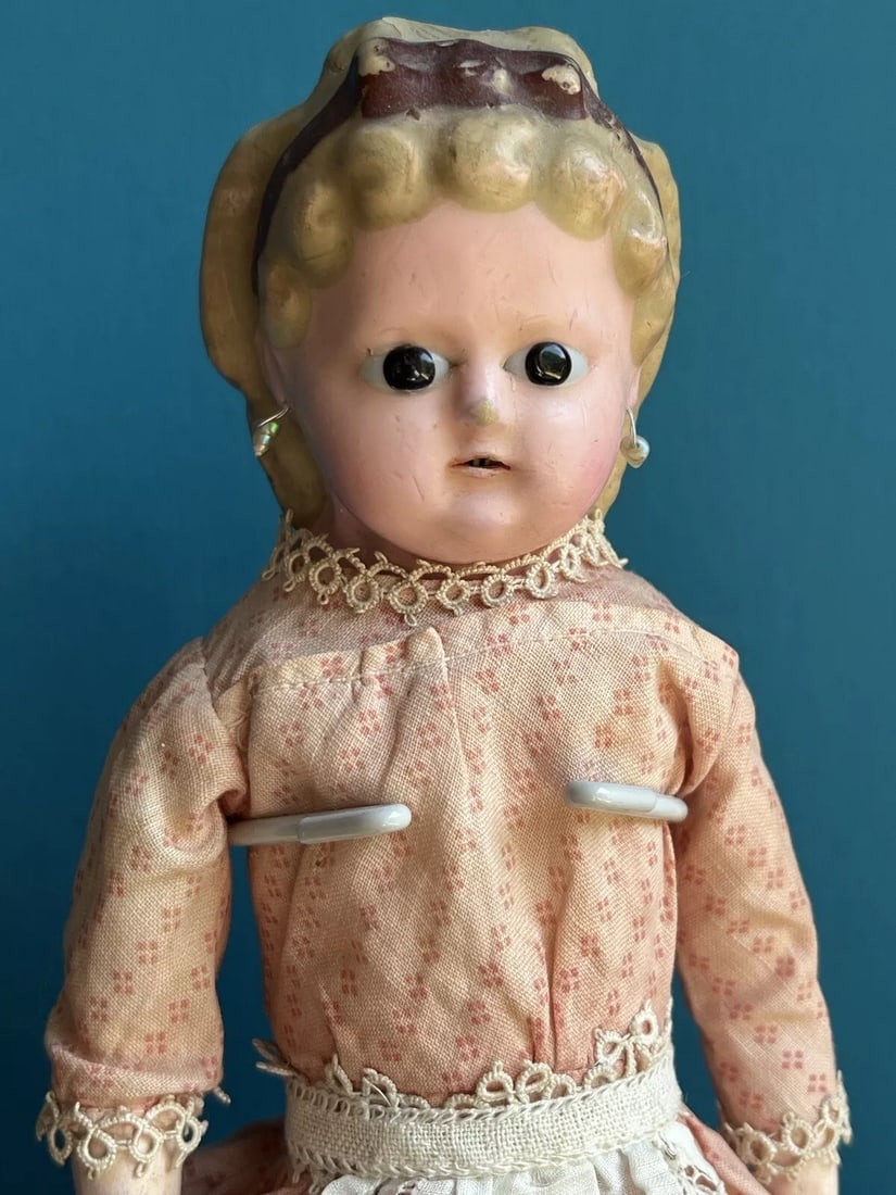 Antique German 13.5" Wax Over Papier Mache Pumpkin Head Pierced Ears Doll (1 of 4)