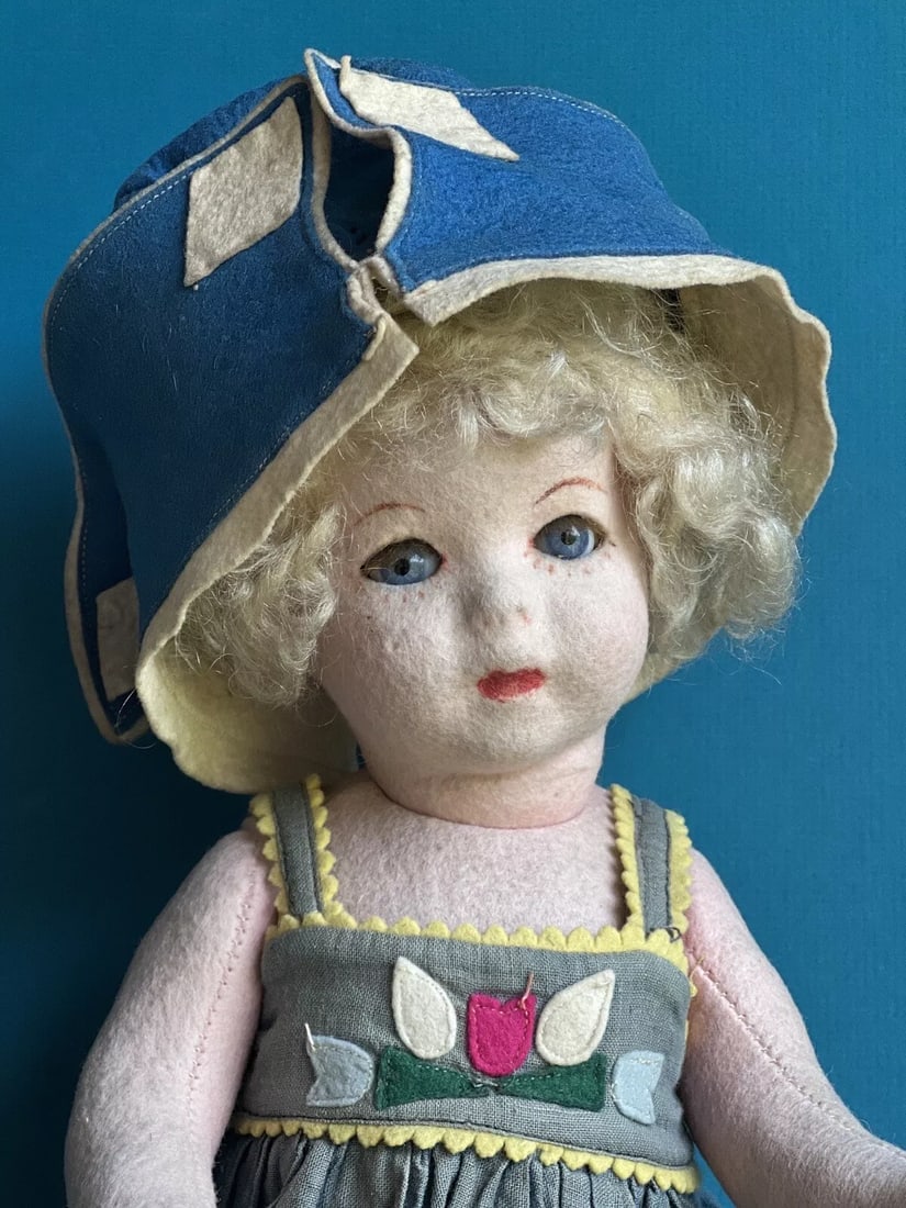 Rare Antique French 14" SFBJ Pressed Felt Jointed Cloth Doll Sleepy Eyes (1 of 6)
