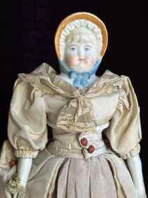 Antique German 12.5" China Shoulder Head Doll with Molded Bonnet
