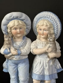 Antique Bisque Large 11" Figurine Boy and Girl In Blue Holding Cats Numbered 15