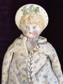 Antique German 12" Hertwig Molded Bonnet Parian Bisque Head China Doll