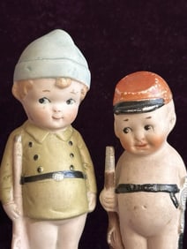 Antique German All Bisque Soldiers 4” and 4.75” Kewpie Style Character Dolls