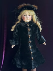 Antique French All Original Fur Child Coat + Hat for Large French Bisque Doll