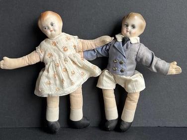 Antique Unusual Composition Heads Cloth Bodies Boy and Girl Dolls
