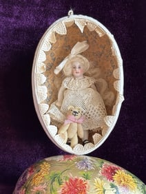 Antique German Easter Egg with All Bisque Miniature 3.25” Mignonette Doll
