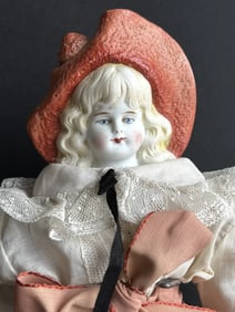 Antique German Hertwig 11.5" Molded Hat Bisque Shoulder Head Doll