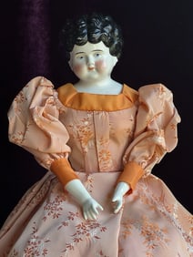 Antique German Lowbrow China Shoulder Head Doll with Chair