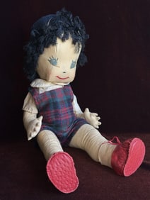 Vintage Collectible 15" Handmade Cloth Doll Yarn Hair Embroidered Features