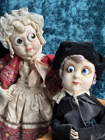 Pair of Rare 13" Antique French Calvaire Cloth Googly Eyes Dolls
