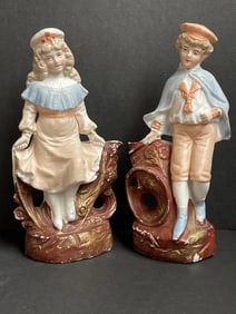 Pair of Antique German (? ) Marked Bisque Figurines Holders of Boy and Girl