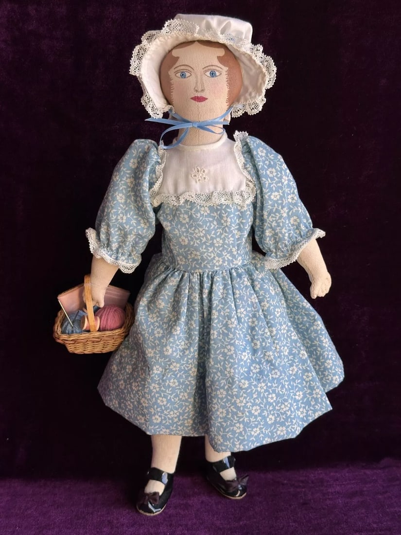 Vintage Artist Handmade 15" Oil Painted Stockinette Cloth Doll: Very beautiful doll that is well made. The doll is unable to sit and can be displayed in a standing position only. She is beautifully dressed and styled. Light stain to the back of the bonnet. The dol
