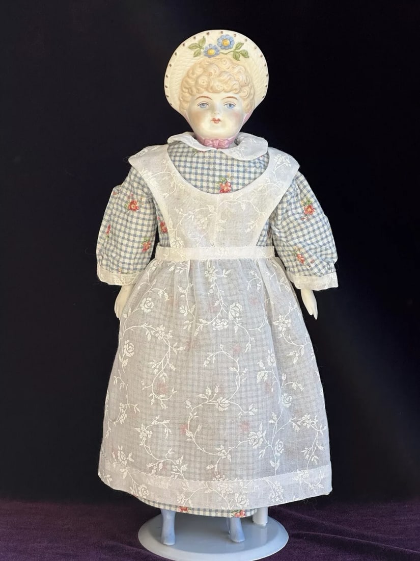 Vintage 14.5" Porcelain Repro of Antique German Hertwig Molded Bonnet Parian Doll (1 of 6)