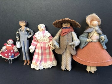 Lot of 5 Vintage Handmade Wooden Miniature Dollhouse Dolls