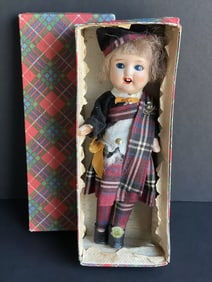 Antique German (?) 8" All Bisque Scottish Boy Doll in Original Box