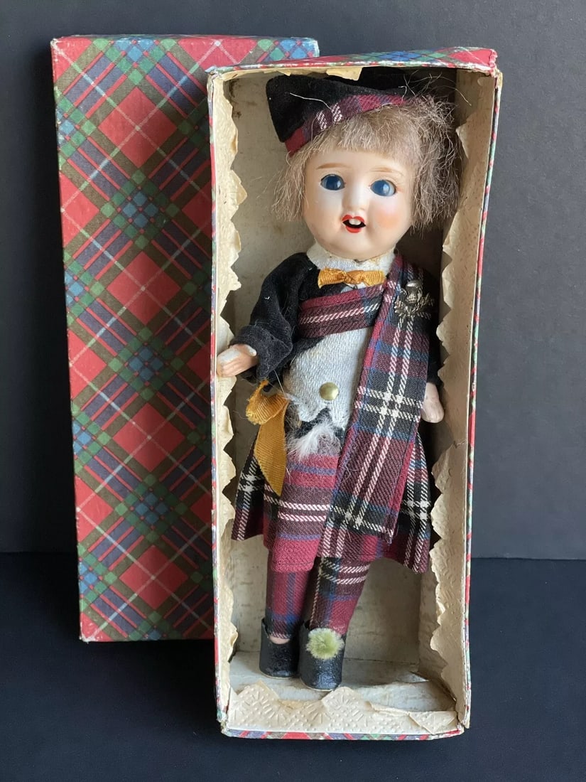 Antique German (?) 8" All Bisque Scottish Boy Doll in Original Box (1 of 4)