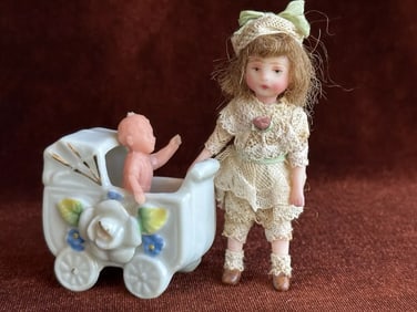 Artist Signed 3" Polymer Clay (?) Miniature Dollhouse Doll with Accessories
