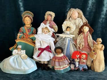 Large Lot of Collectible Cloth, Wood, Corn Husk and Other Dolls