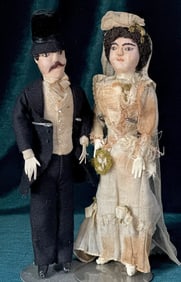 Lot Of 2 Antique 1900’s Early Cloth 10" Bride and Groom Stockinette Dolls