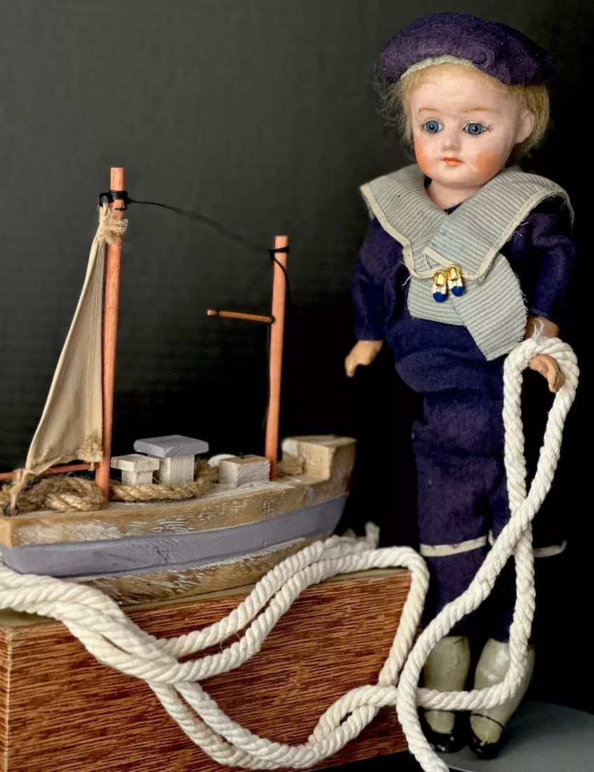 Antique German Papier Mache 13" Doll with Glass Eyes (1 of 5)