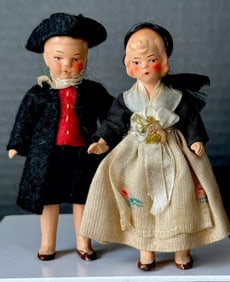 Pair of Antique German Hertwig Miniature Dollhouse Boy and Girl 3 1/2" Dolls
