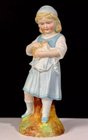Antique Bisque Large 12" Figurine Girl Holding Cat Marked R In Blue Diamond