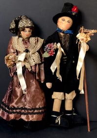 Lot of 2 Antique/Vintage(?) OOAK(?) Bride & Groom Cloth Hand Painted Faces Dolls