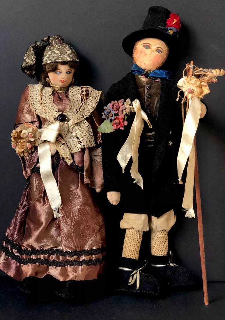 Lot of 2 Antique/Vintage(?) OOAK(?) Bride & Groom Cloth Hand Painted Faces Dolls: Unmarked OOAK (?) character dolls with hand painted faces.This bride and groom couple in traditional outfits is adorable!!! Both dolls are unmarked; made of stuffed cloth. Their faces are hand painted