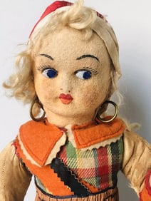 Unidentified Antique Unmarked 15” Lenci Type Cloth Doll with attached stand