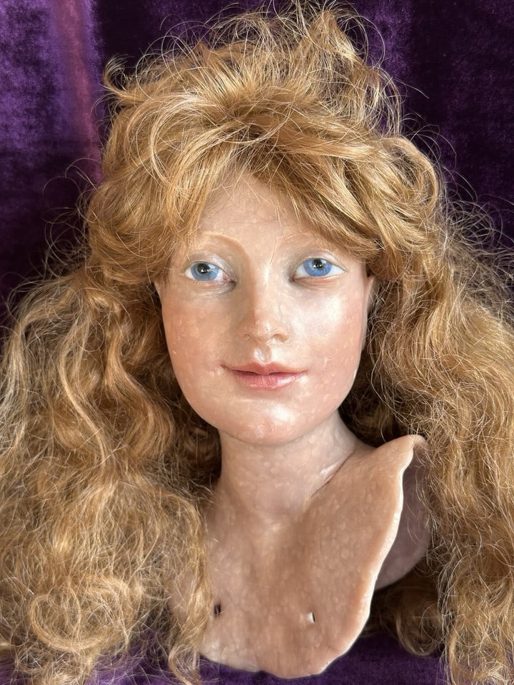 OOAK 9” Anna Abigail Brahms Polymer Sculptured Doll Head Only: Beautiful creation by famous doll artist! The head is approximately 9” tall including the shoulder plate. The wig is not included. The head has light wear and small imperfections, but overall is