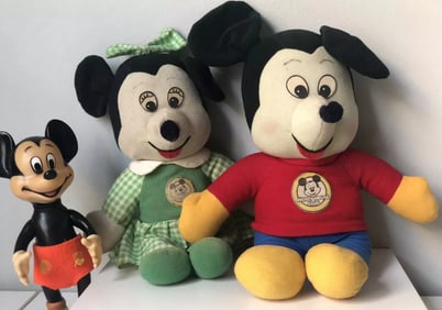 Lot Of 2 Vintage 1970’s Disney Mickey Mouse Plush Toys & Vinyl Squeaky Mickey