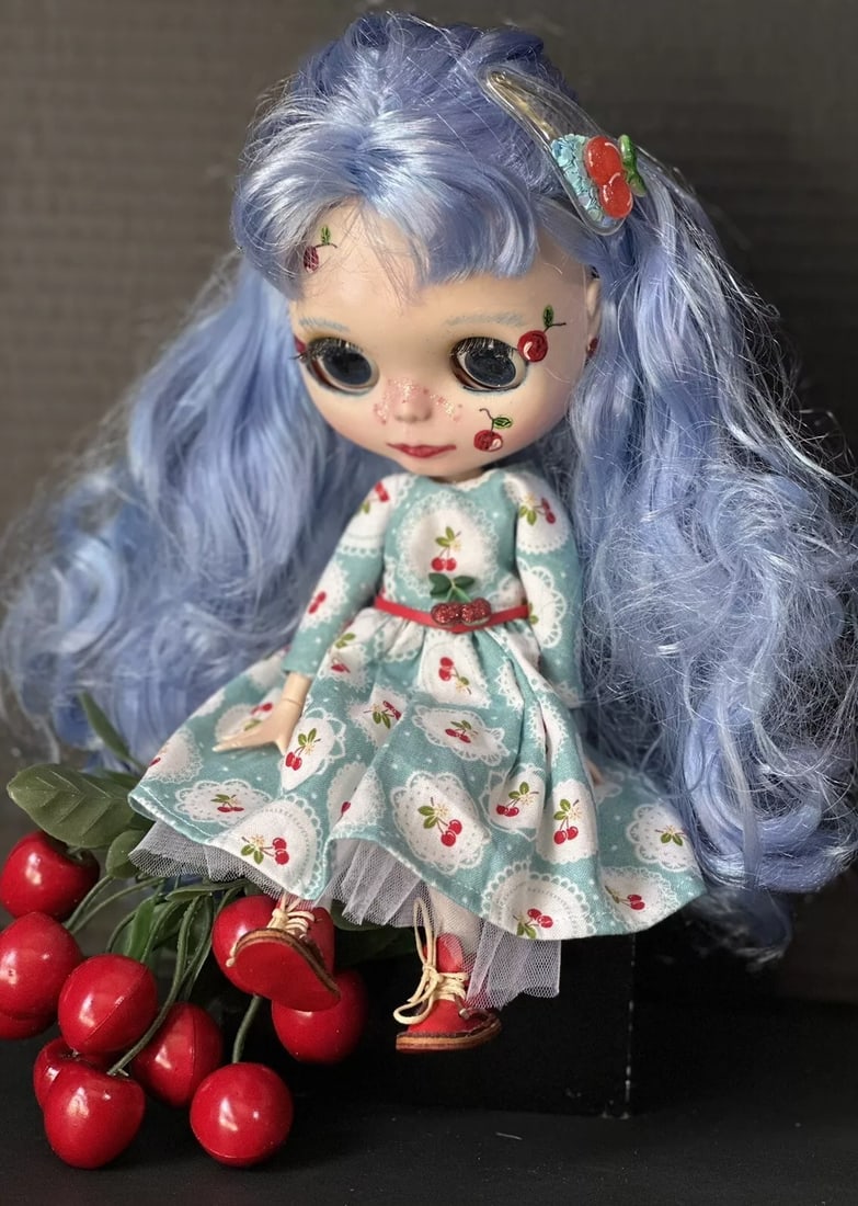 OOAK Custom Blythe “Sweet Cherry “ 11” Artist Repainted Doll: Custom made Blythe Doll!!She is about 11”-12”tall; all soft plastic.Her head is tilted forward; seems to be stuck. Hand painted face. Eyes closed when cord is pulled but wonts stay closed.
