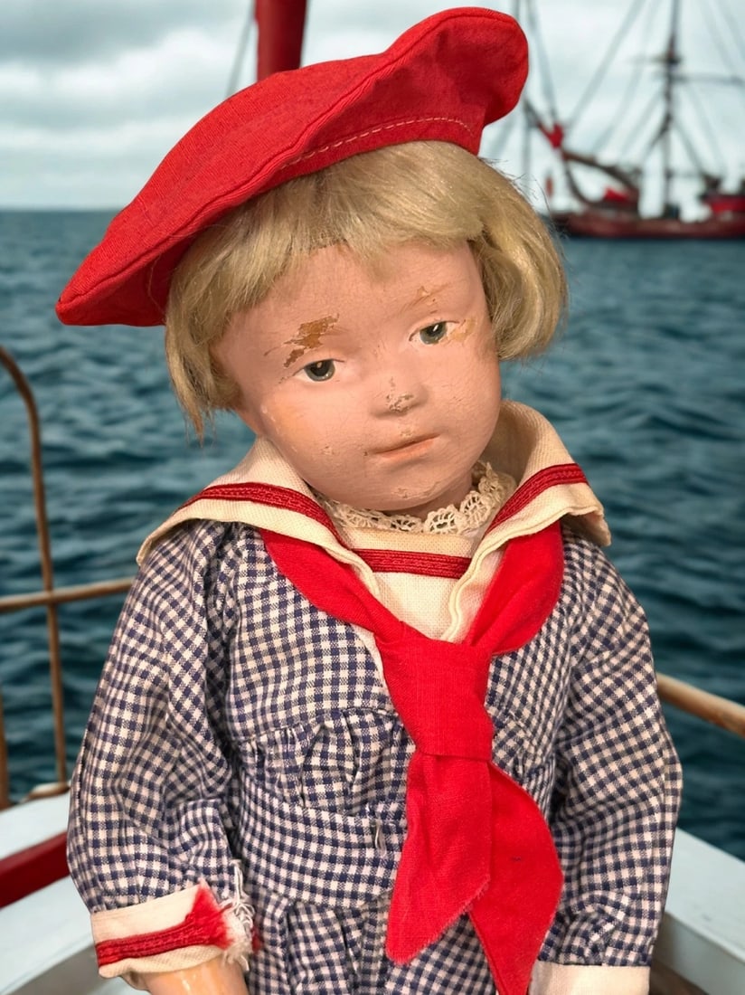 Antique 15" American Schoenhut 308 Wood Carved Spring Jointed Doll (1 of 13)