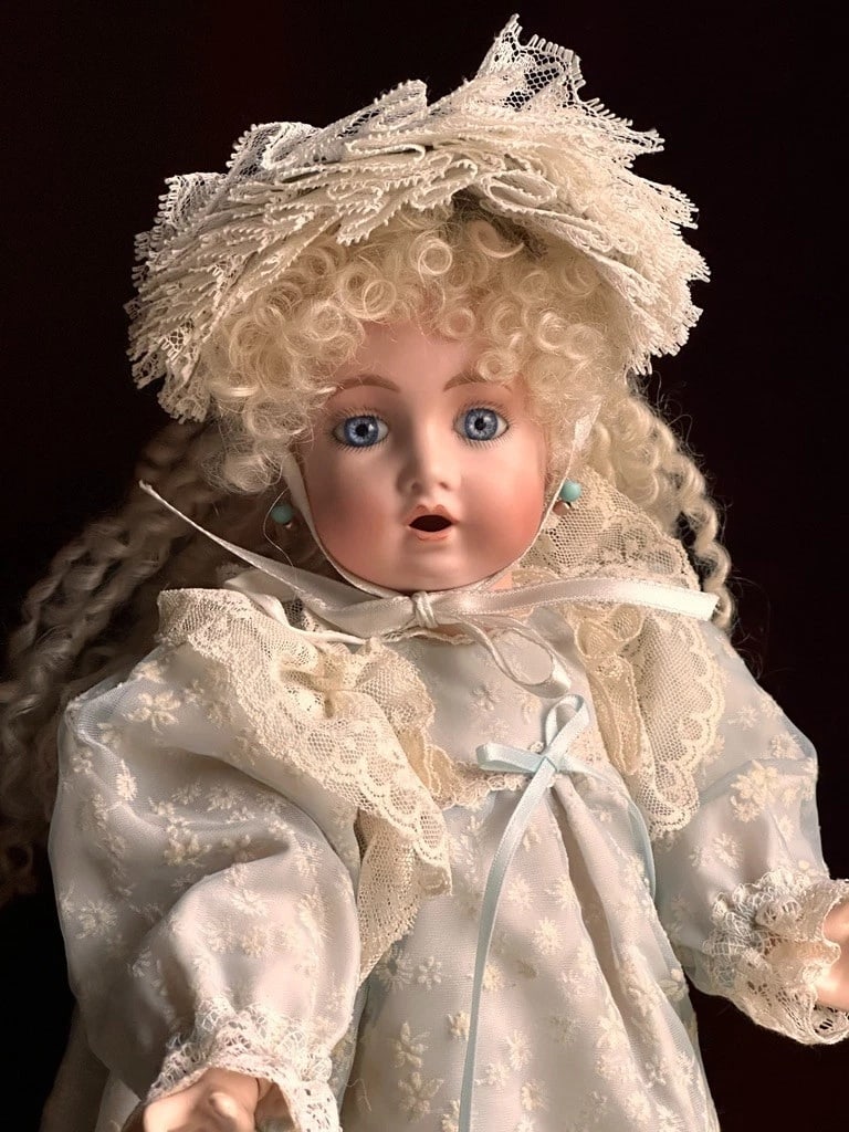 Rare Vintage Porcelain Compo 13?? Reproduction of Antique French Bru Teteur Doll: Absolutely adorable and hard-to-find reproduction of a rare antique French doll. The girl has a porcelain head and a composition body. She is signed and dated by the artist. The doll is approximately