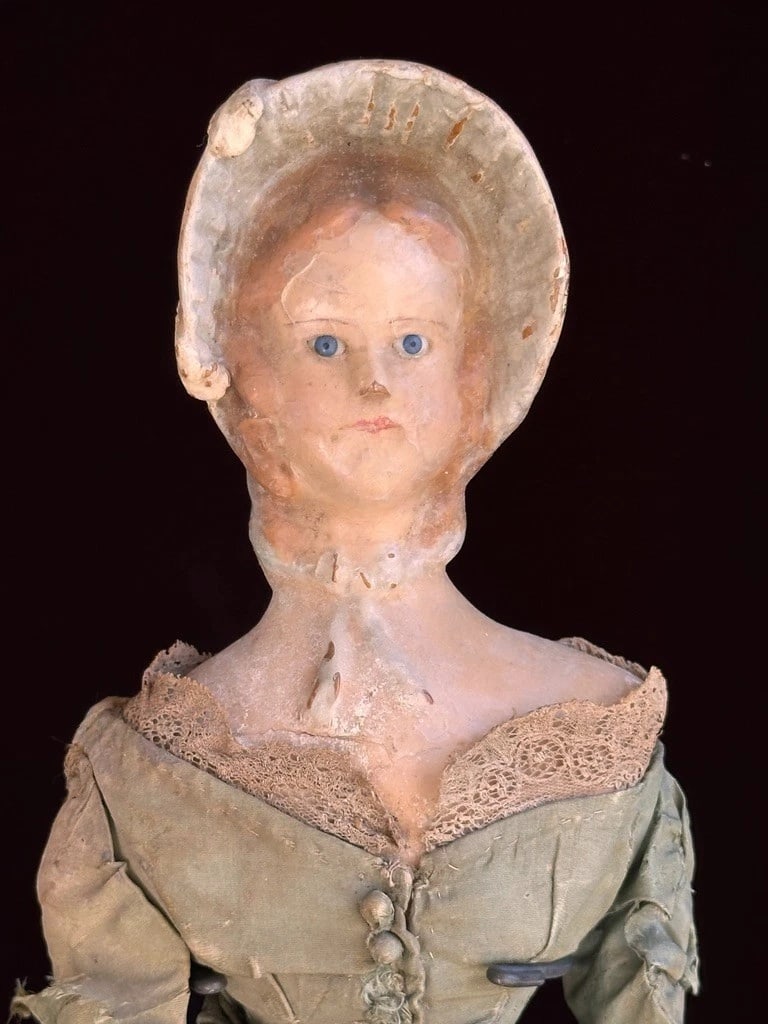 Antique German 18.75" Wax Over Papier Mache Milliner's Model Molded Bonnet Doll (1 of 20)