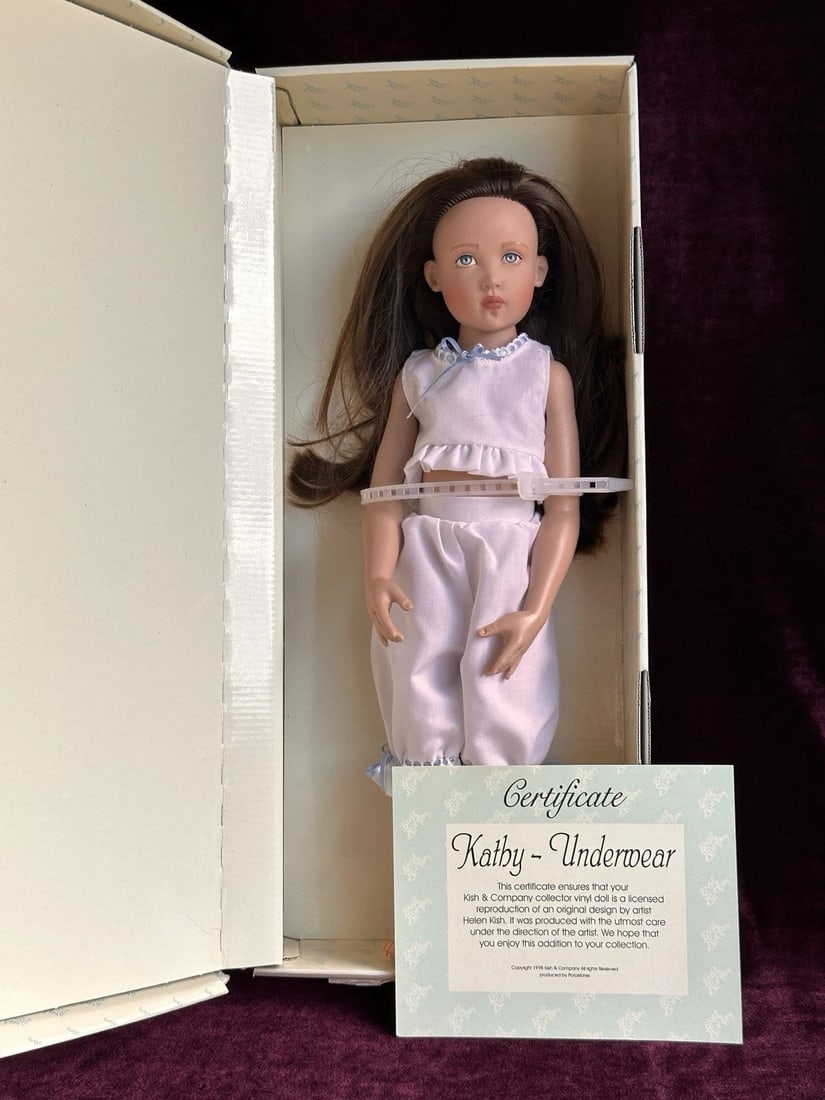 Collectible 16" Vinyl Helen Kish Kathy "Underwear" Doll In Box: A beautiful, new-in-box, all-original doll. She is in great condition. There is a small production defect to her forehead that is shown in the photos. Her pantaloons have a few light yellowish stains,